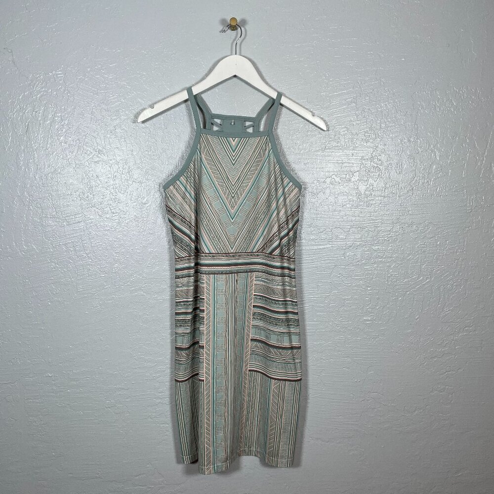 PrAna Women XS Green Tan Stripe Ardor Dress Racer Back Bra Shelf Athleisure